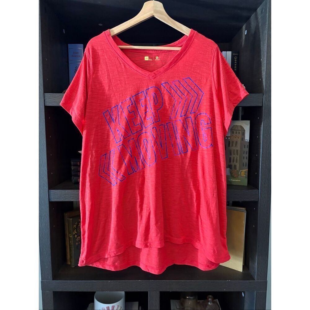 🐿️ Xersion Plus Red & Blue Multi Motivational Keep Moving Short Sleeve Top 1X
